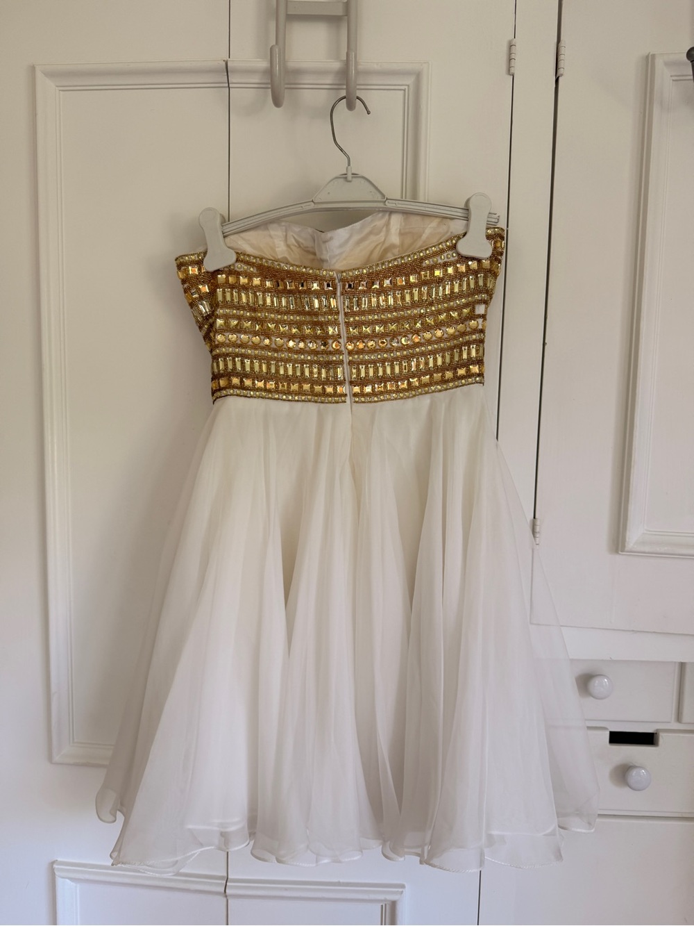 Sherri Hill White Tulle Dress with Gold Sequin Bodice